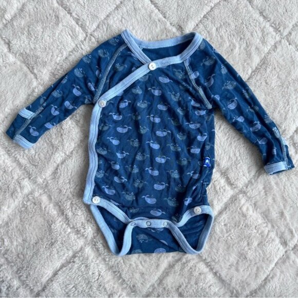 Kickee Pants | Twilight Tiny Whales Long Sleeve Kimono Onesie | Size 3-6 Months - Picture 1 of 8
